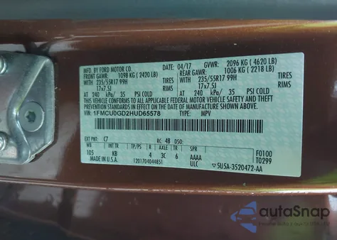 2017 Ford Escape Se z USA, uszkodzony, nr VIN 1FMCU0GD2HUD65578